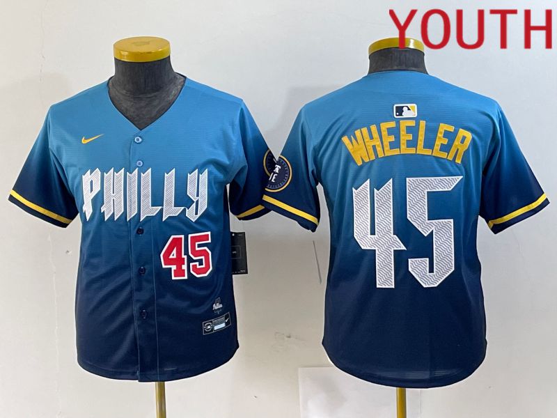 Youth Philadelphia Phillies #45 Wheeler Blue City Edition Nike 2024 MLB Jersey style 2->youth mlb jersey->Youth Jersey